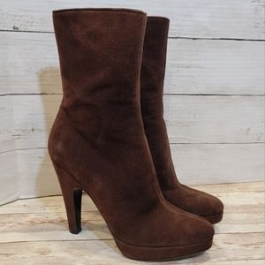 EUC Prada chocolate brown suede platform heeled mid calf  boots